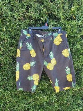 21 MEN Pineapple Print Men's Shorts - Black with Yellow Pineapples - 34W
